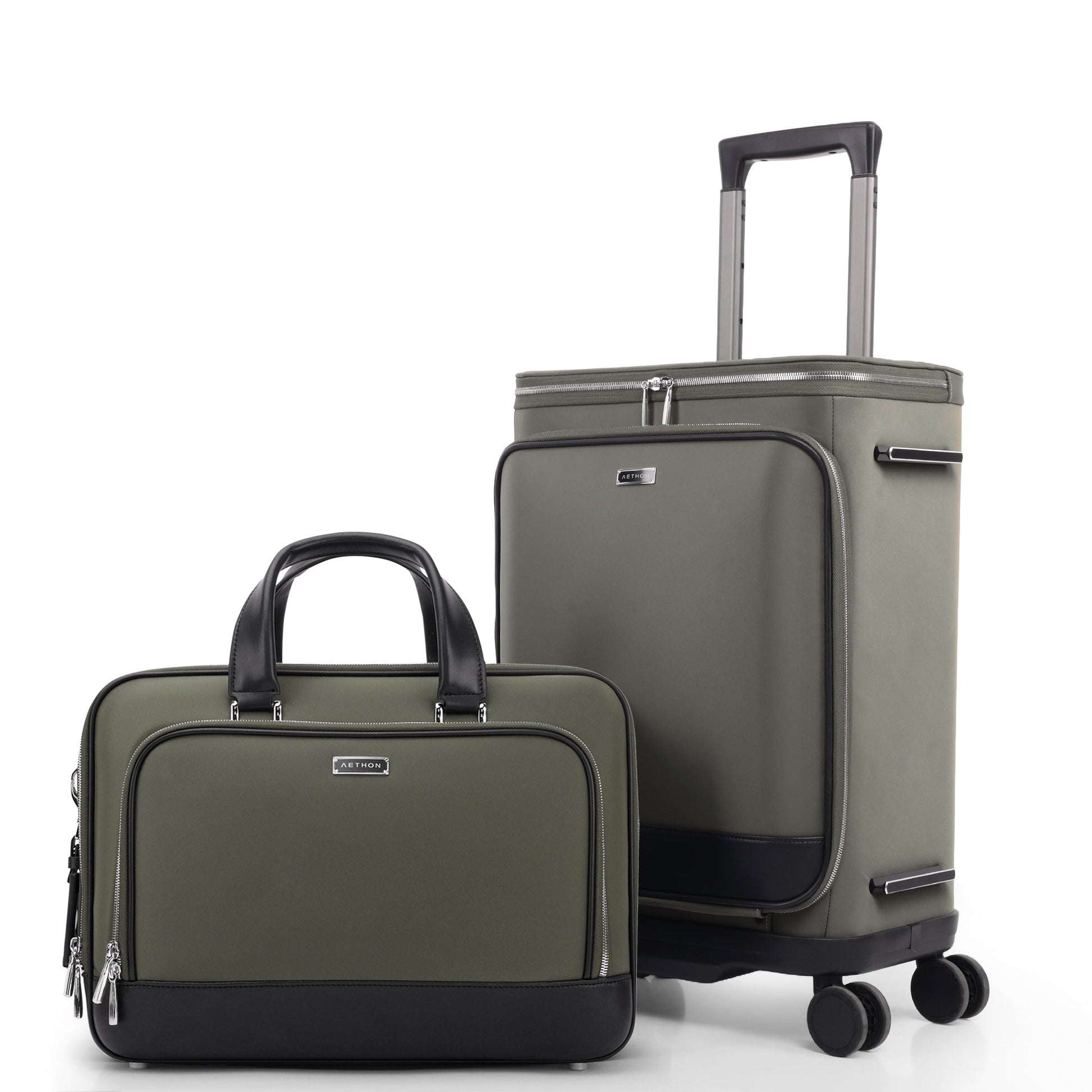 Stylera olive briefcase for men paired with matching olive rolling carry on suitcase with black trim and leather handles