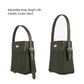 Olive green bucket bag with adjustable strap length and metallic buckle detail