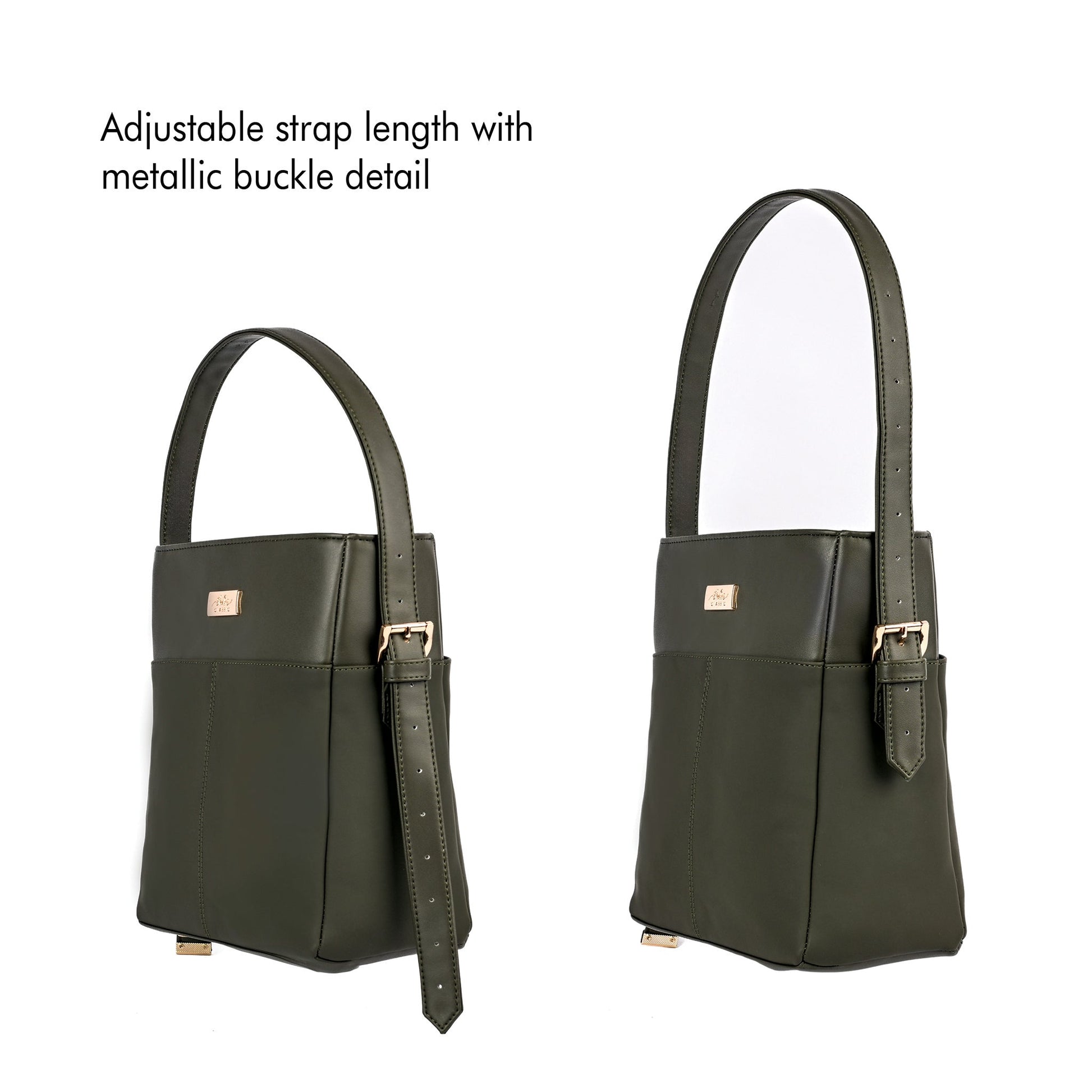 Olive green bucket bag with adjustable strap length and metallic buckle detail