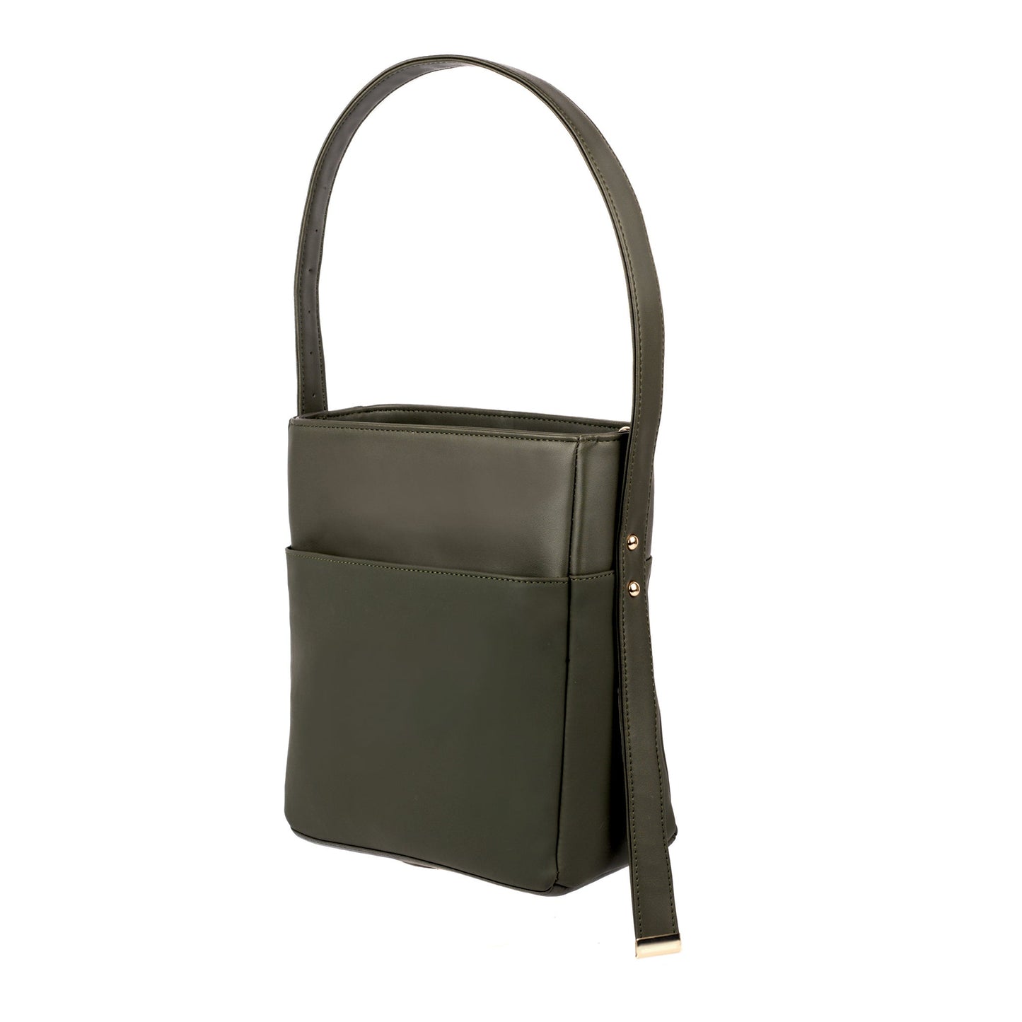 Stylish olive green bucket bag with adjustable strap and front pocket for everyday use