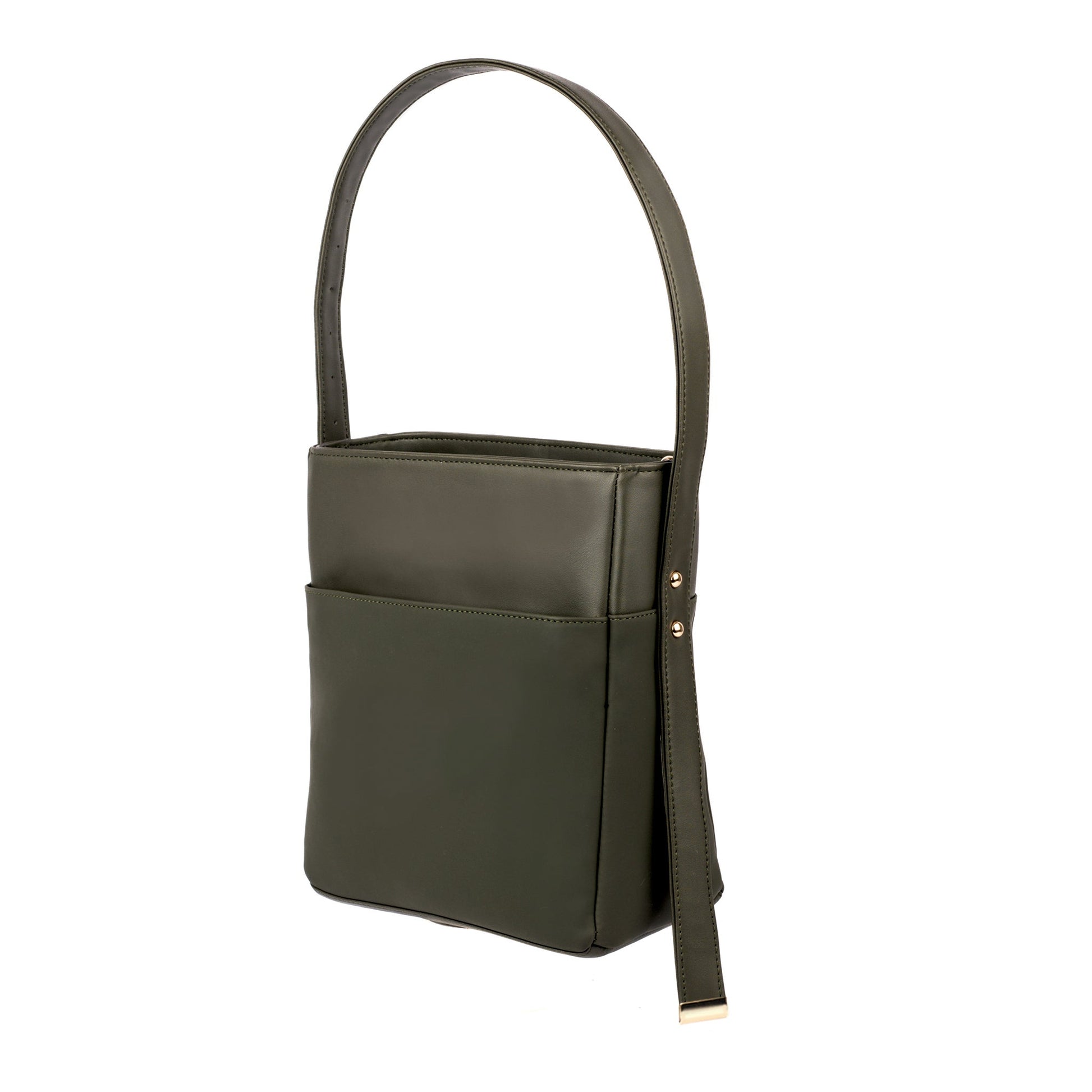 Stylish olive green bucket bag with adjustable strap and front pocket for everyday use