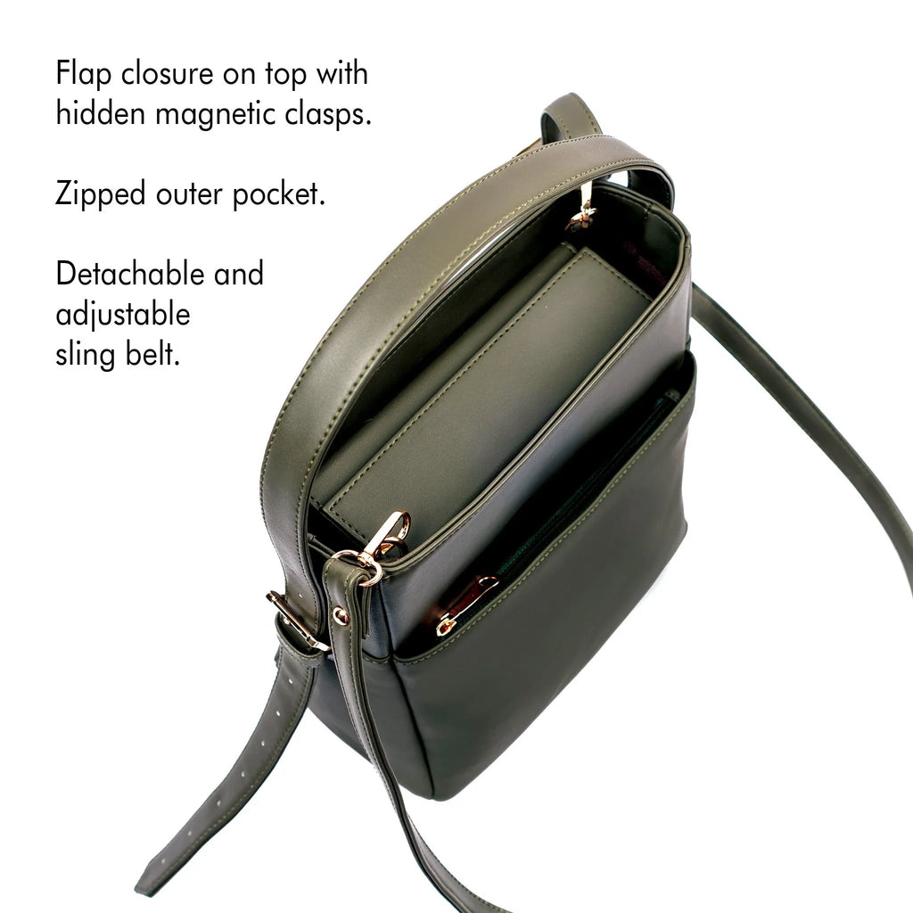 Olive green bucket bag with flap closure, zipped outer pockets, and adjustable sling belt
