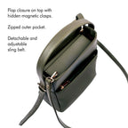 Olive green bucket bag with flap closure, zipped outer pockets, and adjustable sling belt