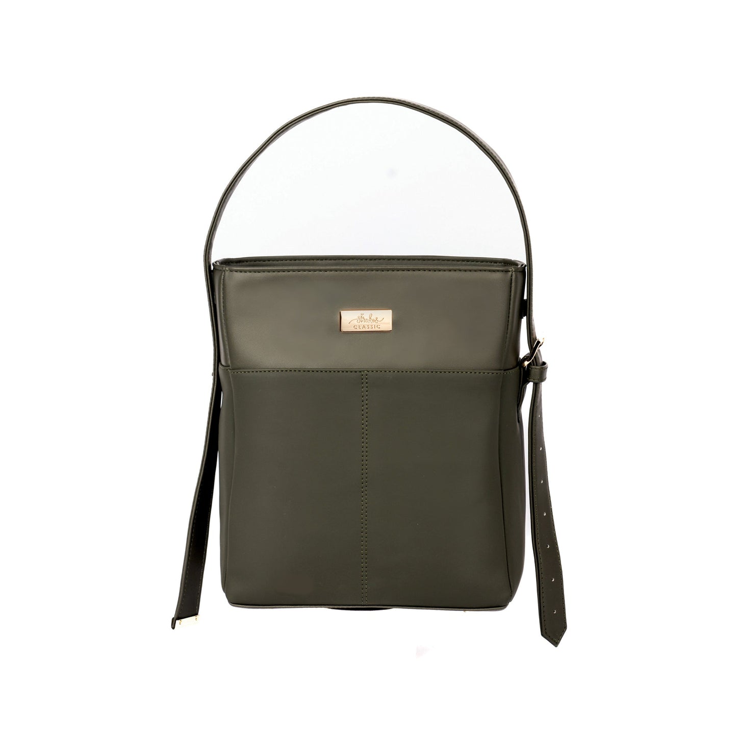 Stylish olive green bucket bag by Stylera with a sleek design and adjustable strap