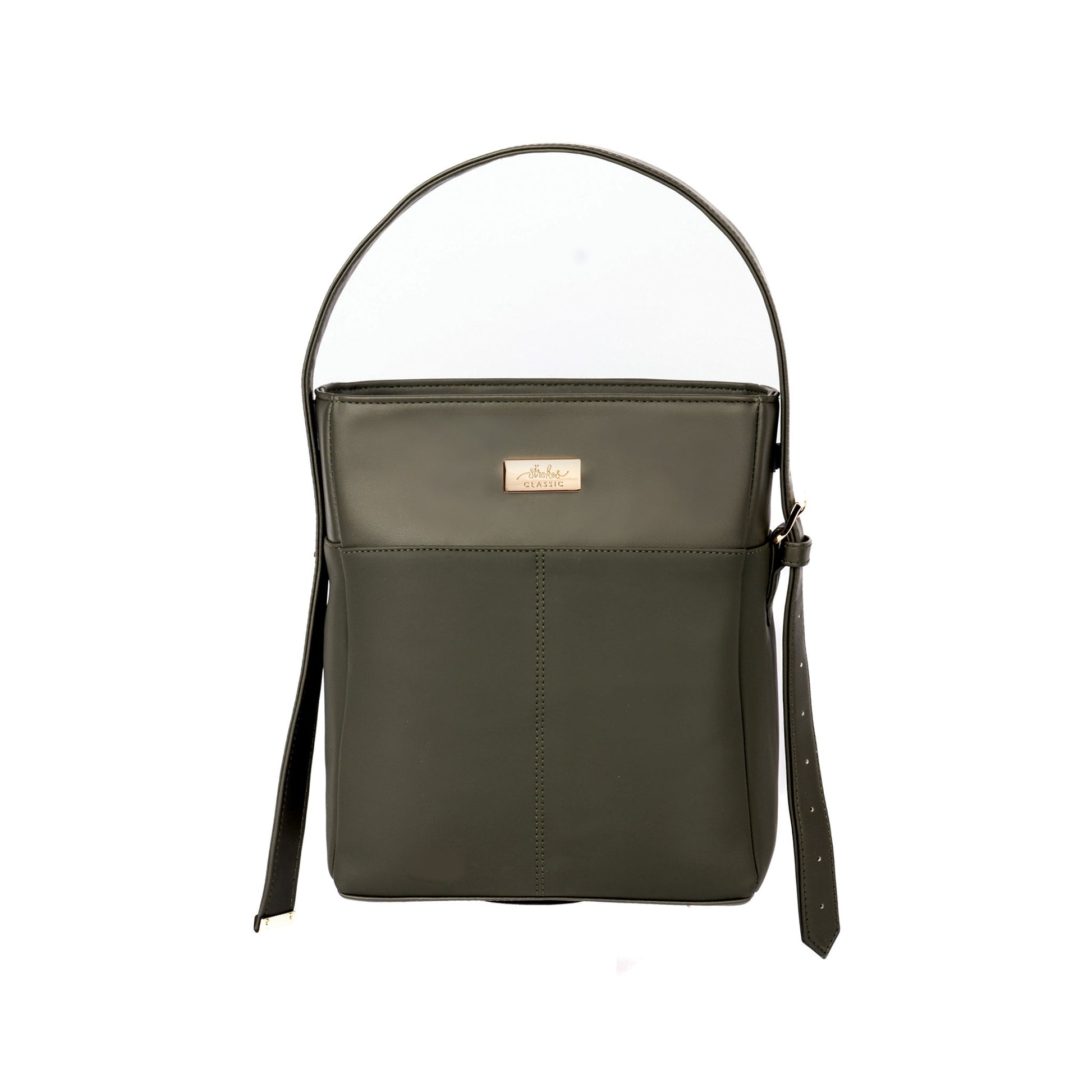 Stylish olive green bucket bag by Stylera with a sleek design and adjustable strap
