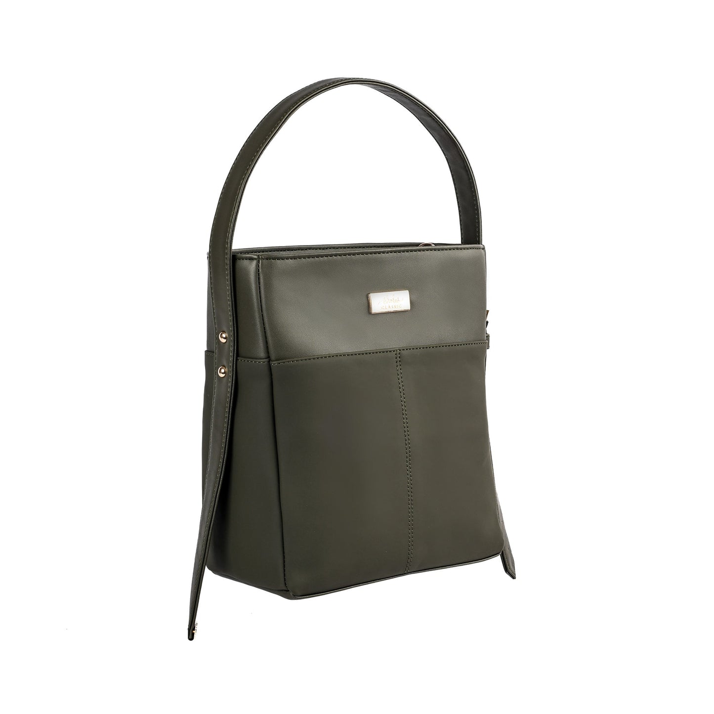 Stylish olive green bucket bag by Stylera with a sleek design and sturdy handle
