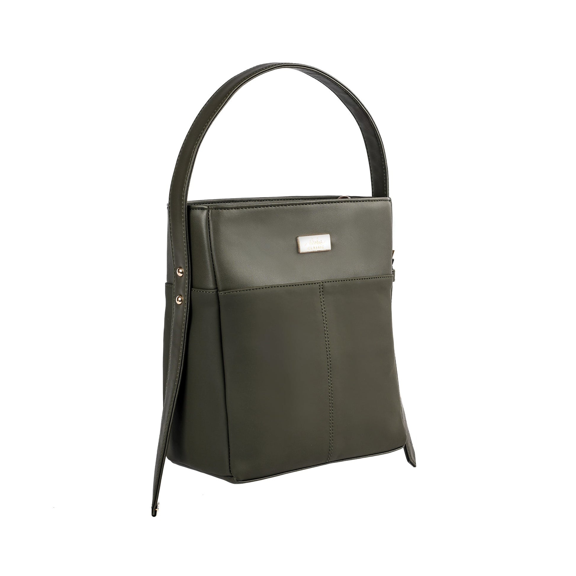 Stylish olive green bucket bag by Stylera with a sleek design and sturdy handle