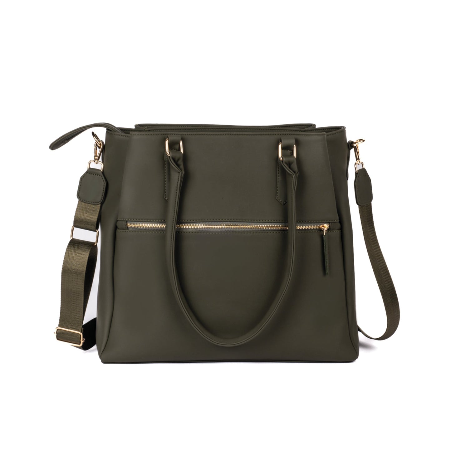 Aspire olive green tote bag with gold zippers and detachable shoulder strap for versatile carry