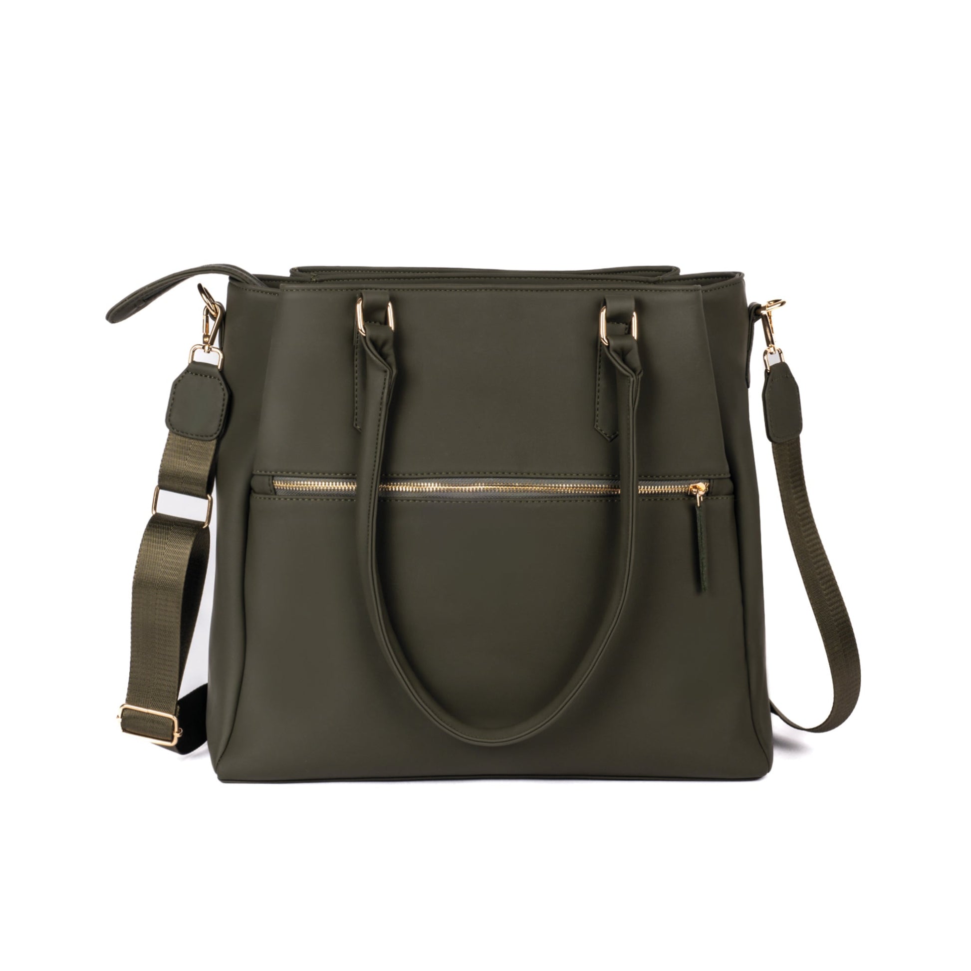 Aspire olive green tote bag with gold zippers and detachable shoulder strap for versatile carry