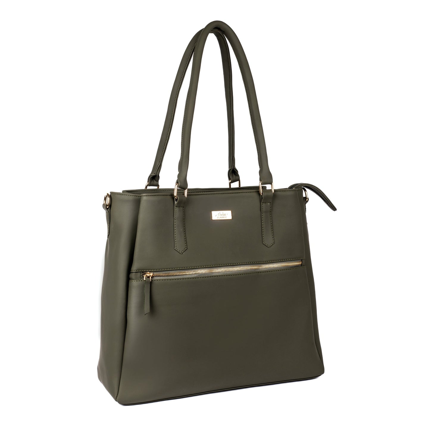 Stylish olive green tote bag with multiple pockets and sturdy handles for everyday use