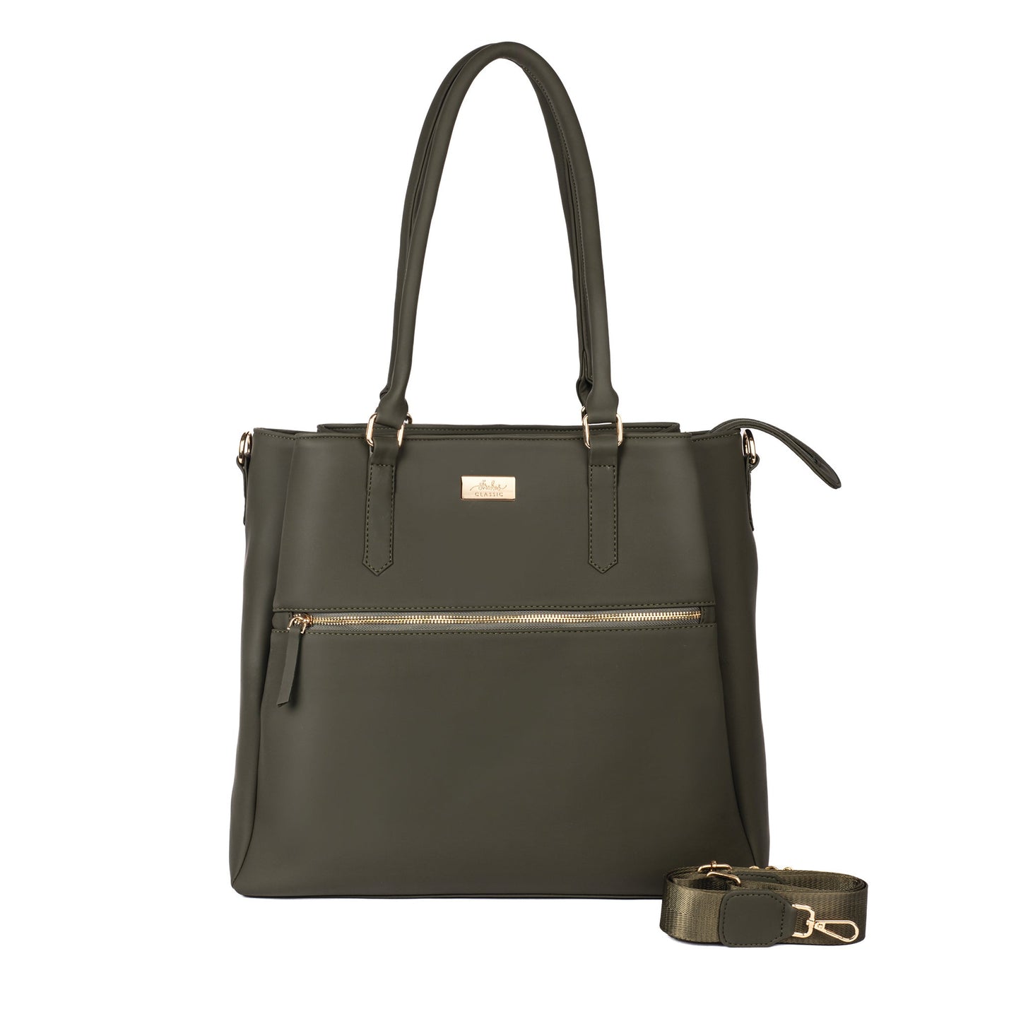 Aspire olive green tote bag by Stylera with removable strap and zipper pocket