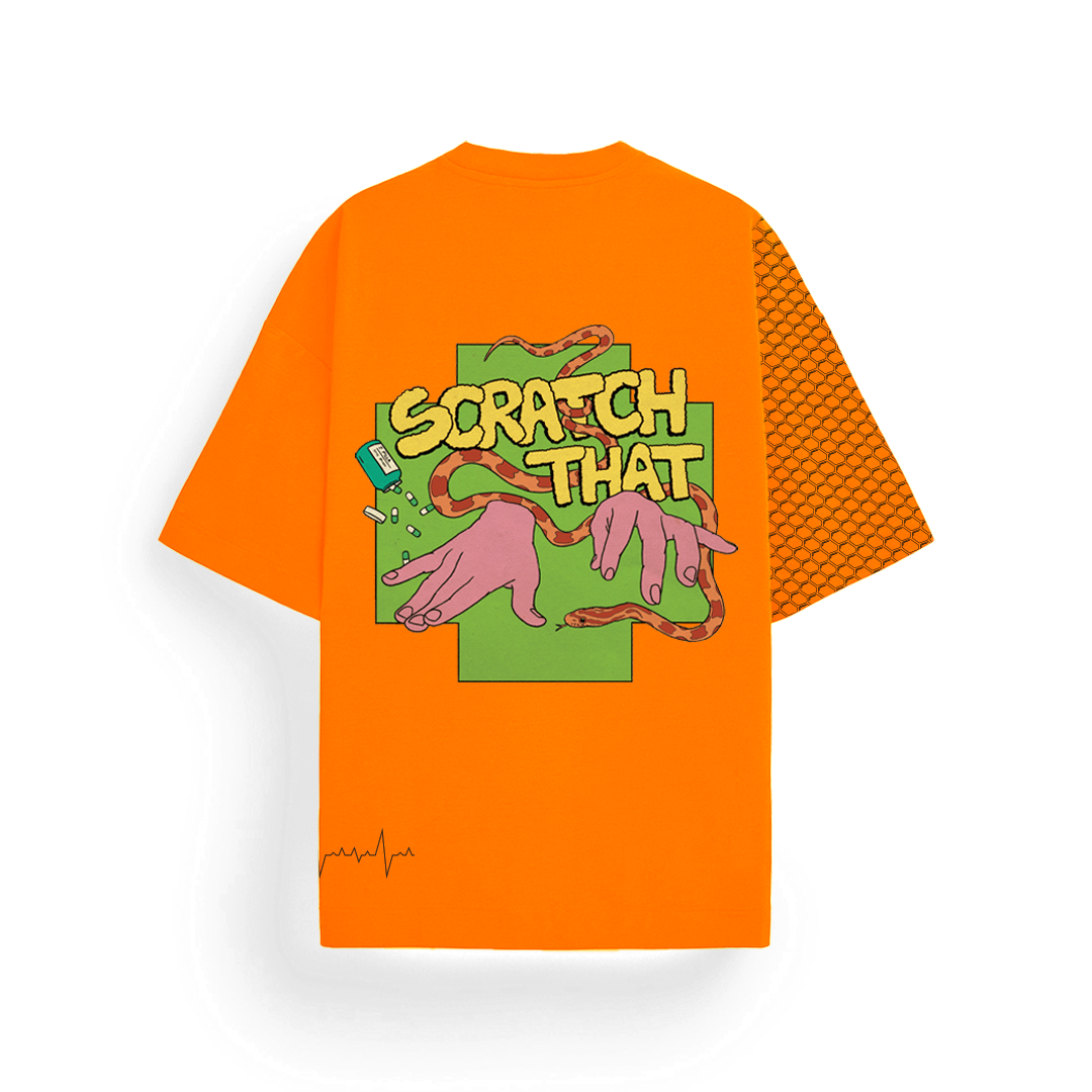 Stylera oversized orange streetwear tee with Scratch That graphic of hands and snake and patterned sleeve