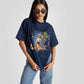 Stylera oversized blue graphic tee for womens styled with casual jeans and sunglasses