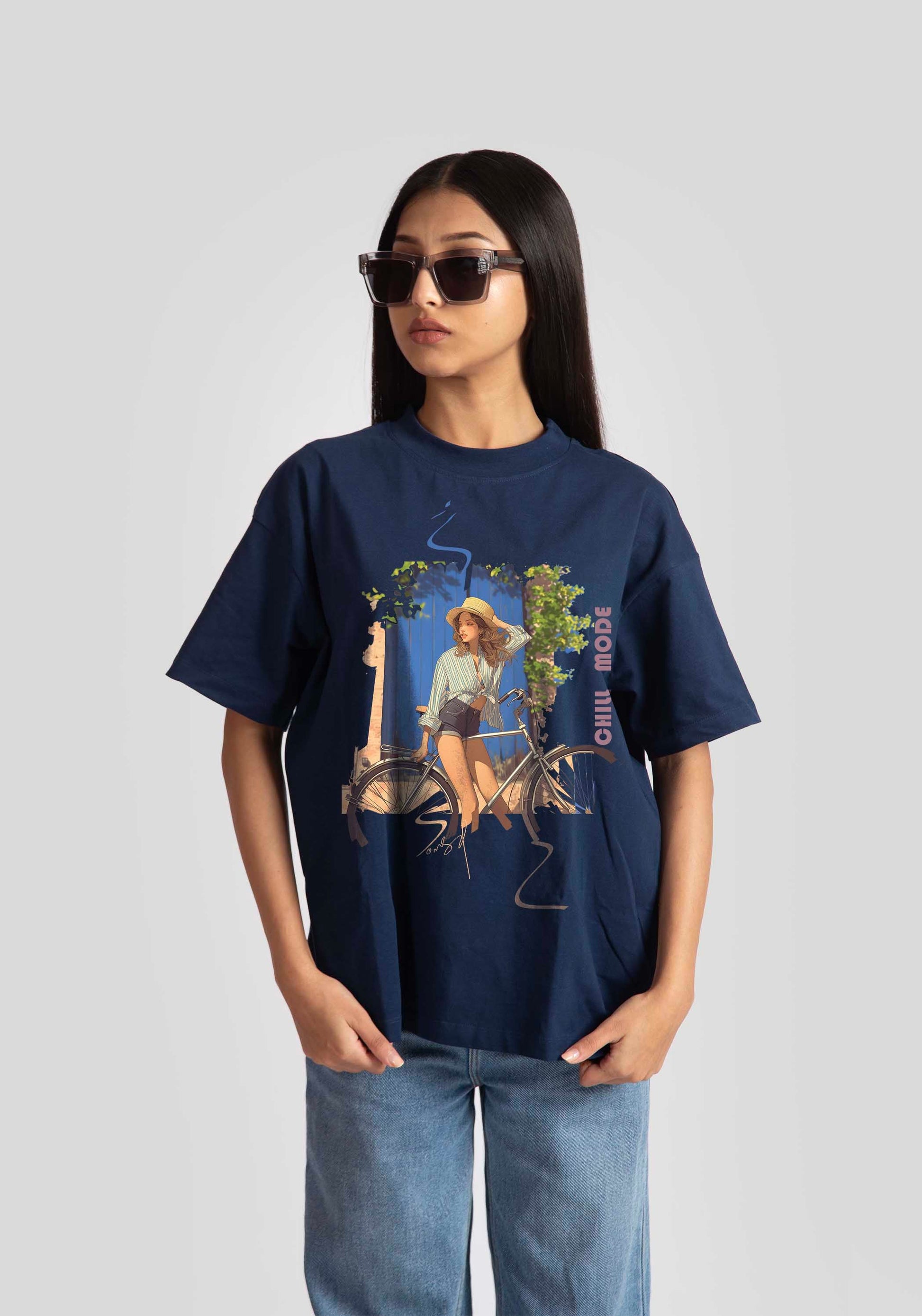 Stylera oversized blue graphic tee for womens featuring a relaxed fit and stylish print