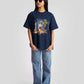oversized blue graphic tee for womens styled with casual jeans and sunglasses by Stylera