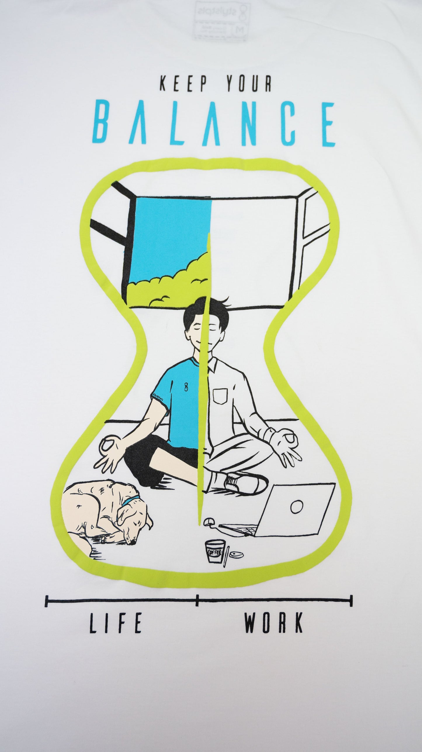 Stylstpls oversized casual tee with unique sleeves featuring a life-work balance graphic design