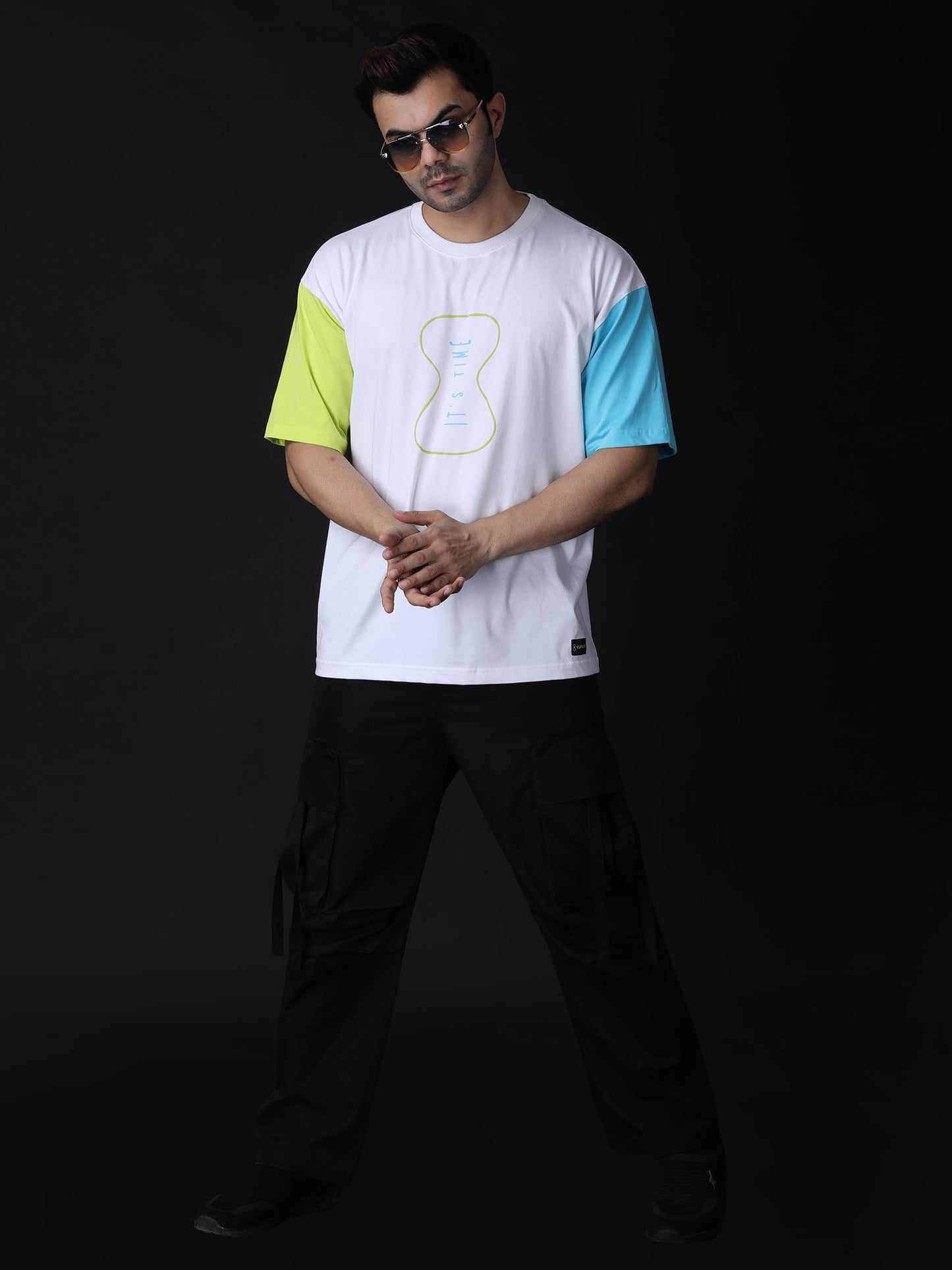 Stylstpls oversized casual tee with unique sleeves in white, featuring colorful short sleeves and a stylish graphic design