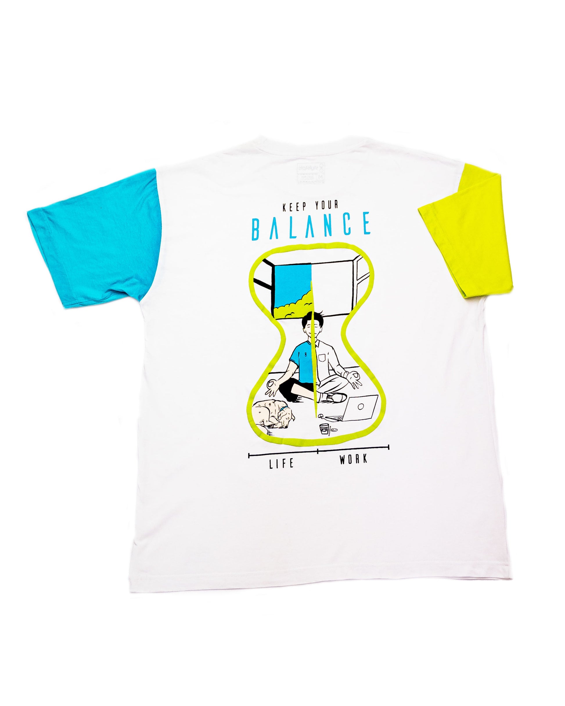 Stylstpls oversized casual tee with unique sleeves featuring a graphic design promoting work-life balance