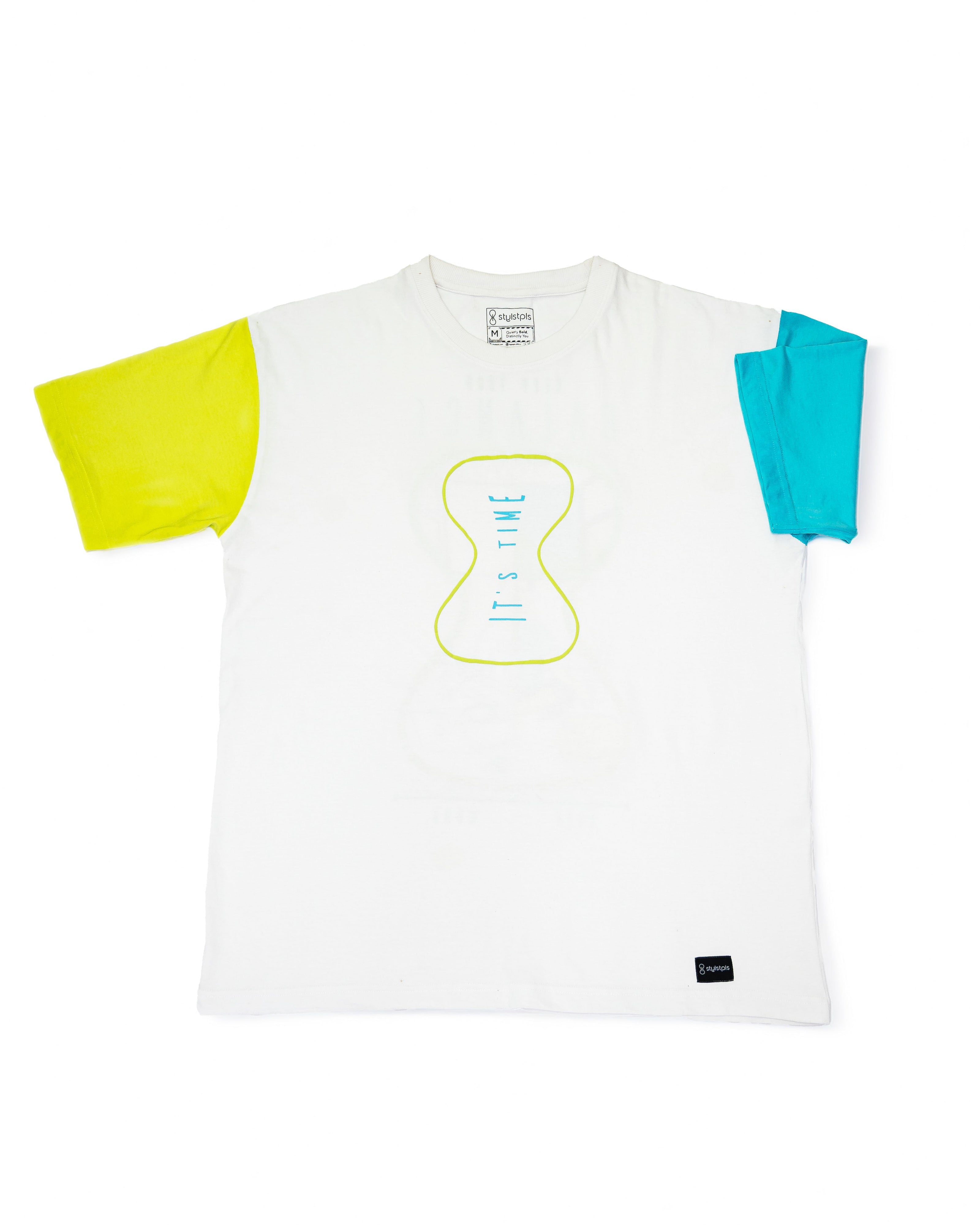 Stylstpls oversized casual tee with unique sleeves in white, yellow, and blue for a trendy look