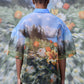 Back view of oversized floral button up shirt by Stylera with colorful flower field design