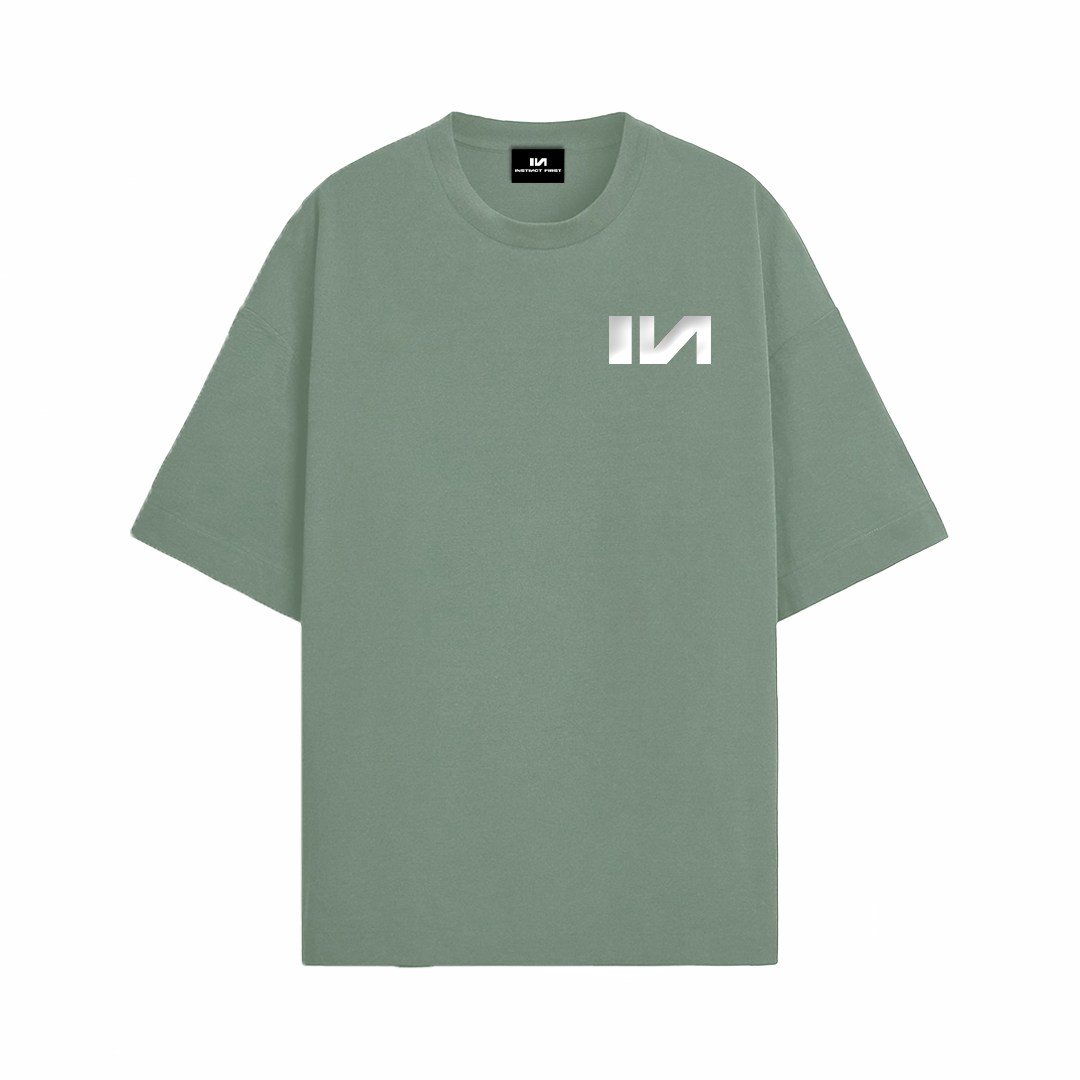 Stylera oversized green t-shirt sage crew neck with small white chest logo relaxed fit