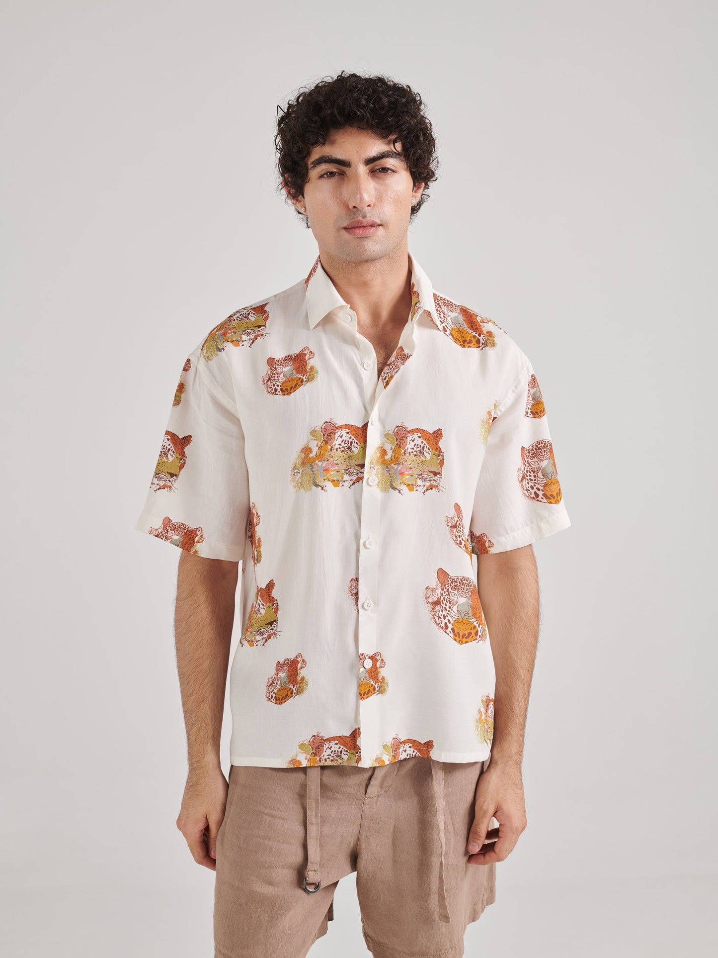 Oversized leopard shirt for men with a colorful animal print design and short sleeves