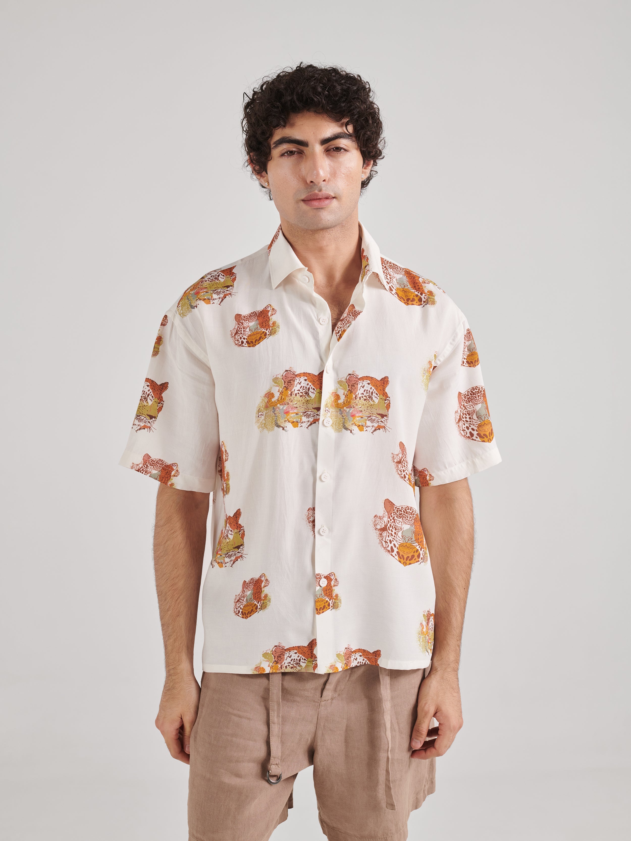 Oversized leopard shirt for men with a colorful animal print design and short sleeves