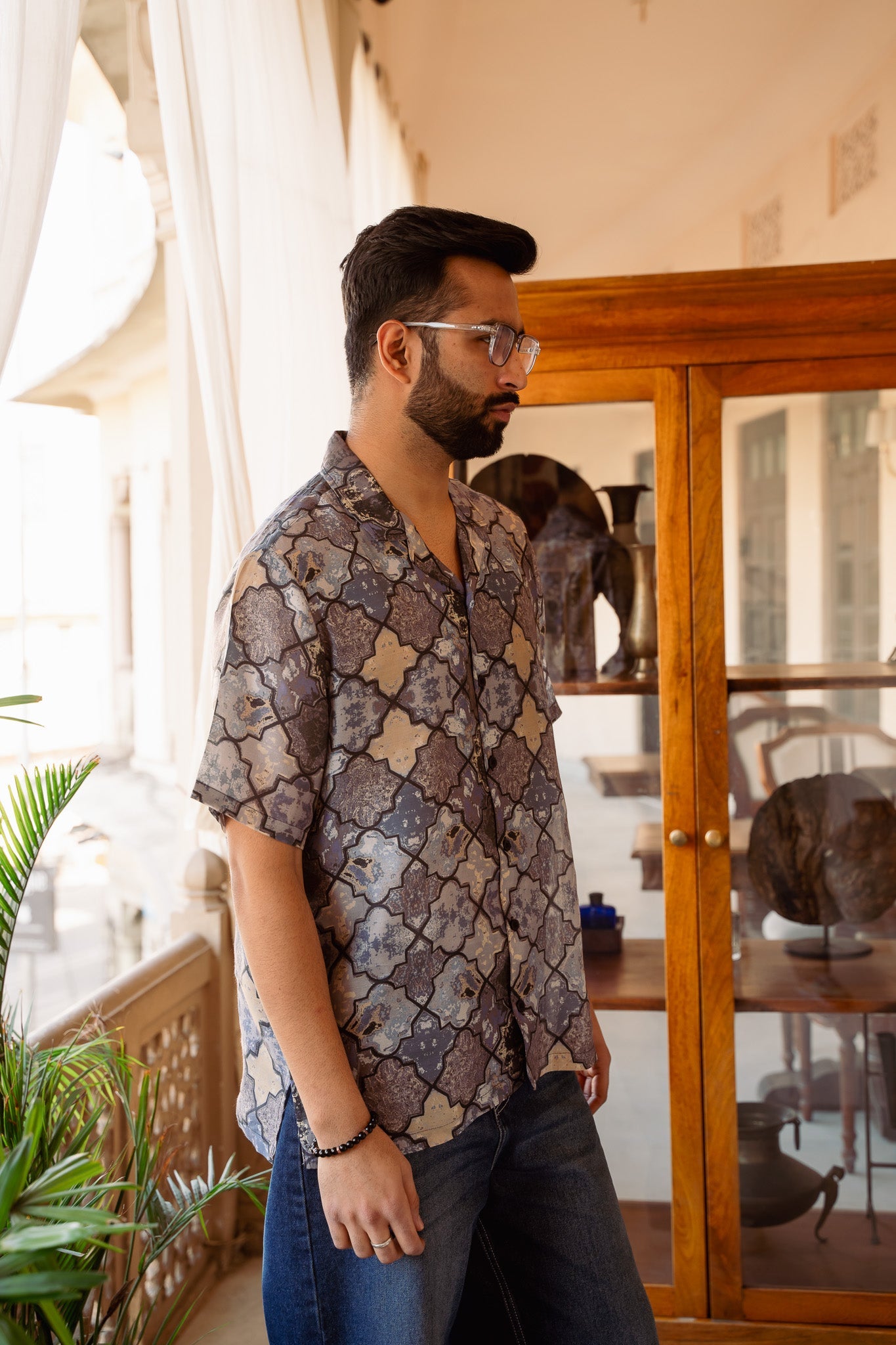 Men in a stylish oversized printed shirt for men with a unique pattern, perfect for casual outings