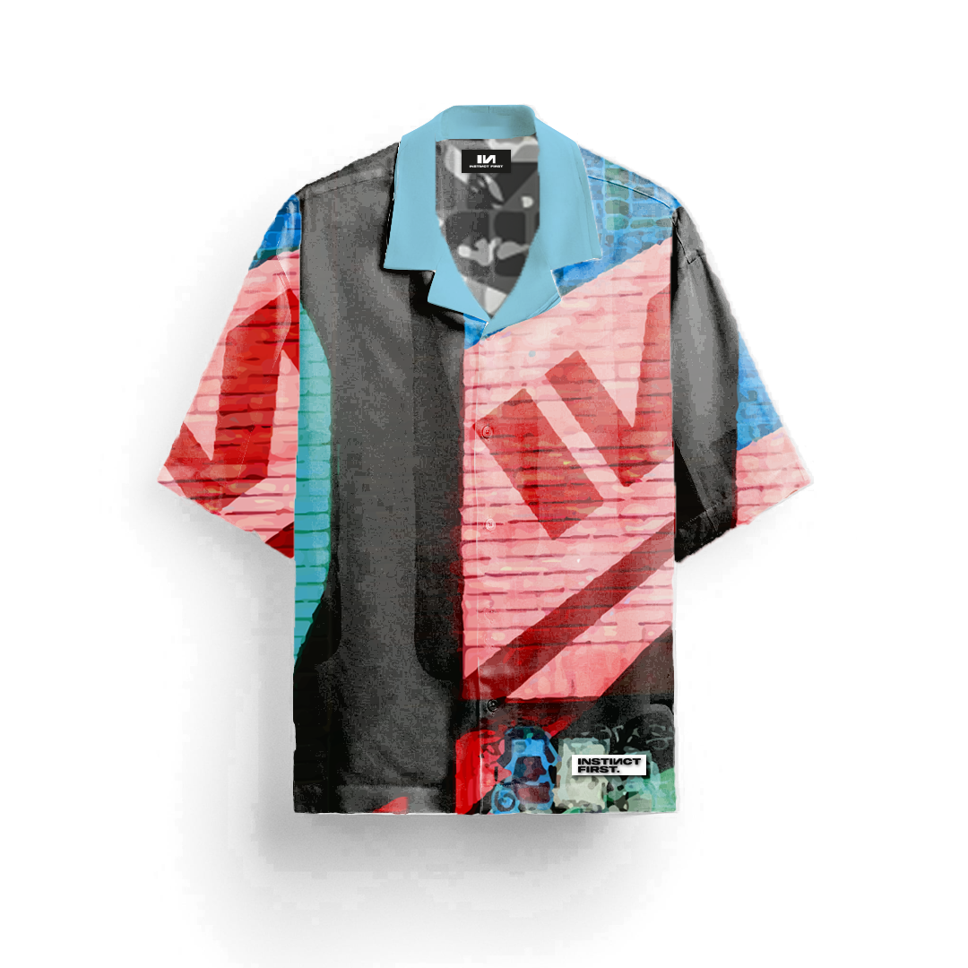 Stylera oversized summer shirt for beach abstract pink red black and aqua camp collar button up