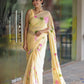 Pastel yellow floral saree for women showcased on a model with elegant floral patterns