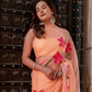 Stylera peach chiffon saree with floral design draped elegantly on a model against a vintage backdrop