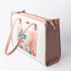 Peach crane paradise tote bag with colorful tropical design and adjustable shoulder strap