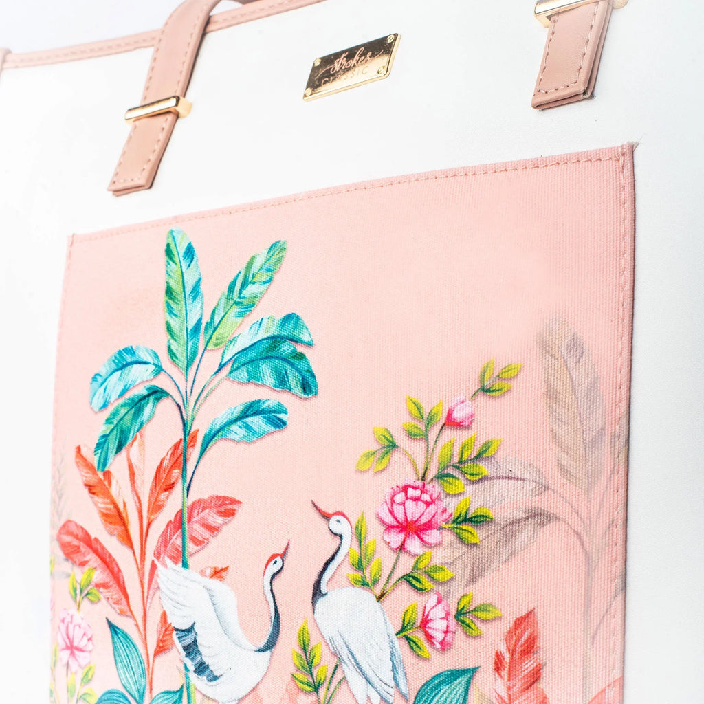 Stylera peach crane paradise tote bag with vibrant crane and floral design