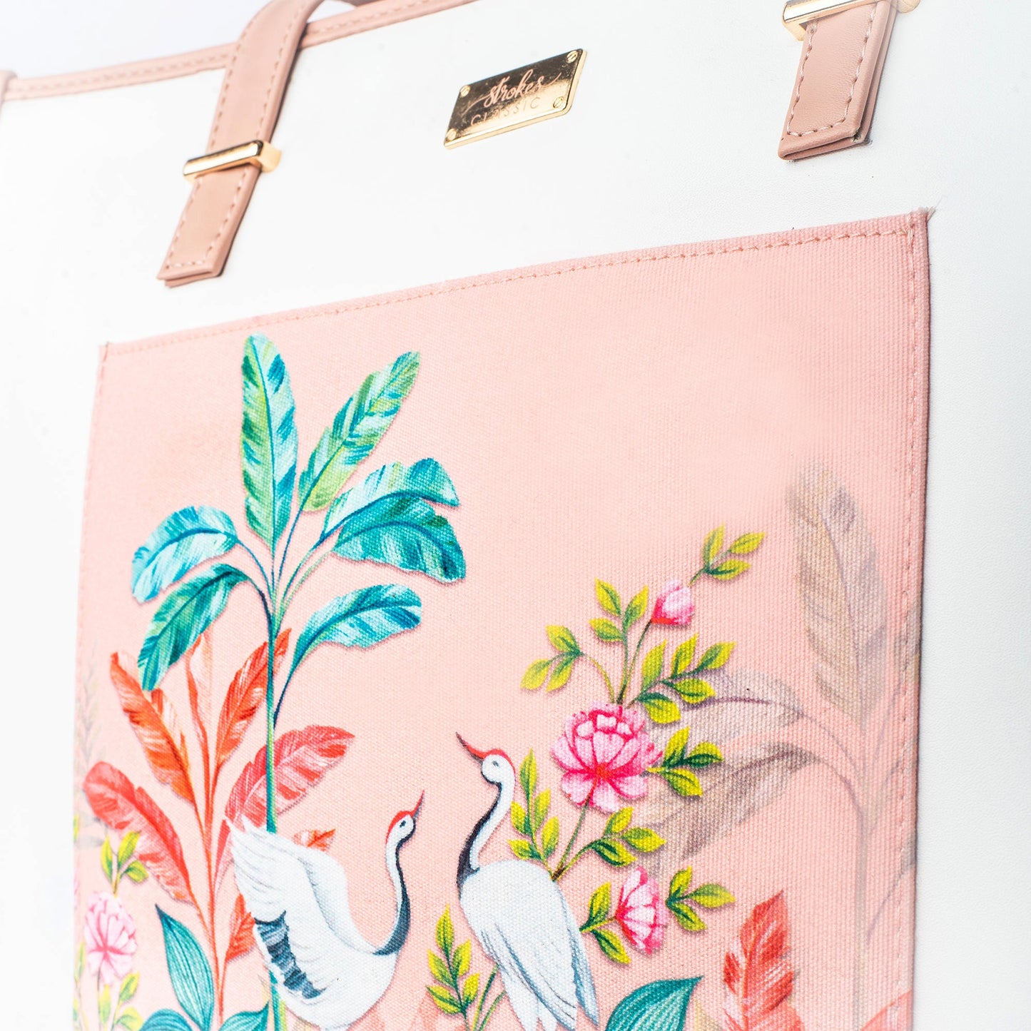 Stylera peach crane paradise tote bag with vibrant crane and floral design
