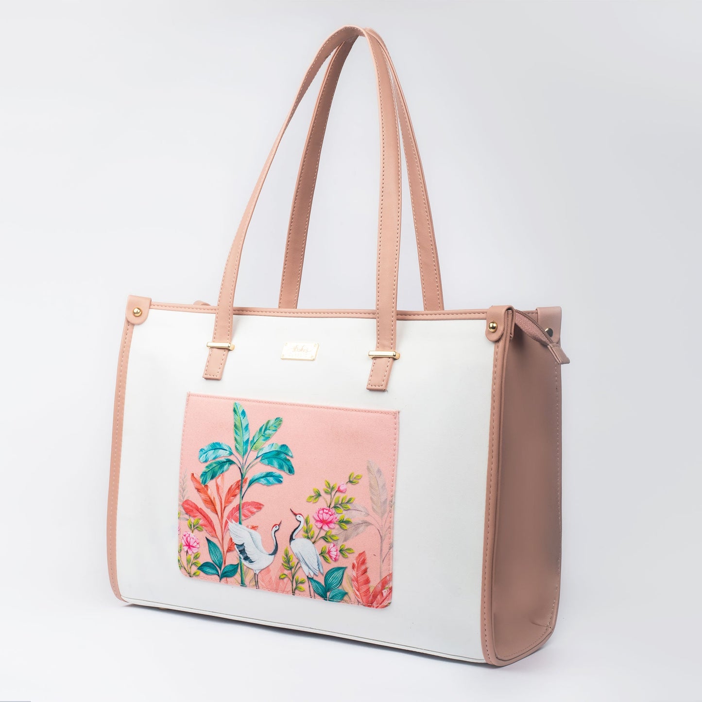 Stylera peach crane paradise tote bag with floral embroidery and a stylish design