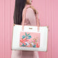 Peach crane paradise tote bag featuring vibrant floral and crane designs, perfect for stylish outings.