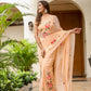 Elegant peach floral saree for women with intricate rose embroidery and a matching dupatta.