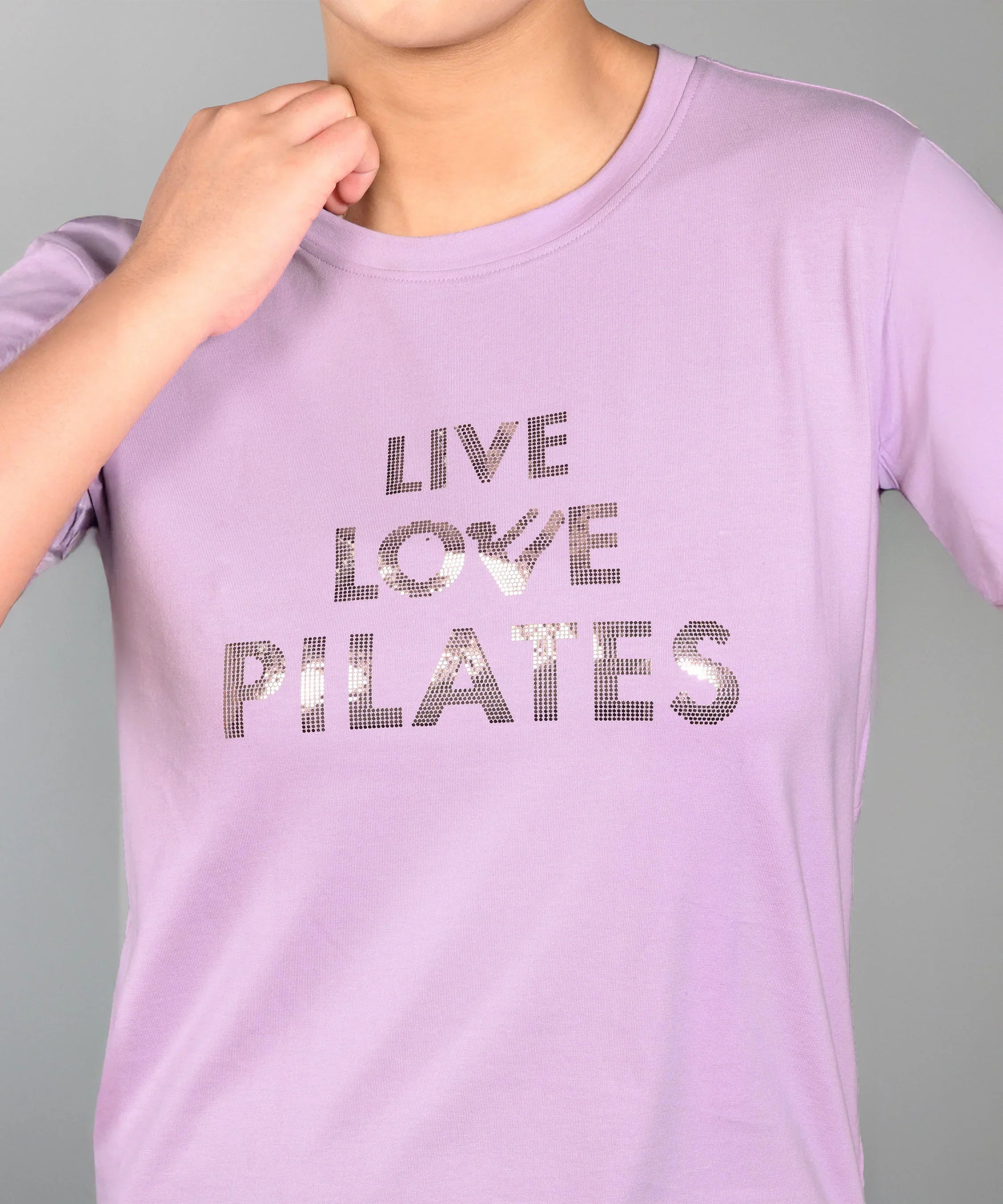Stylera Pilates pink t-shirt women with sequined Live Love Pilates design for activewear