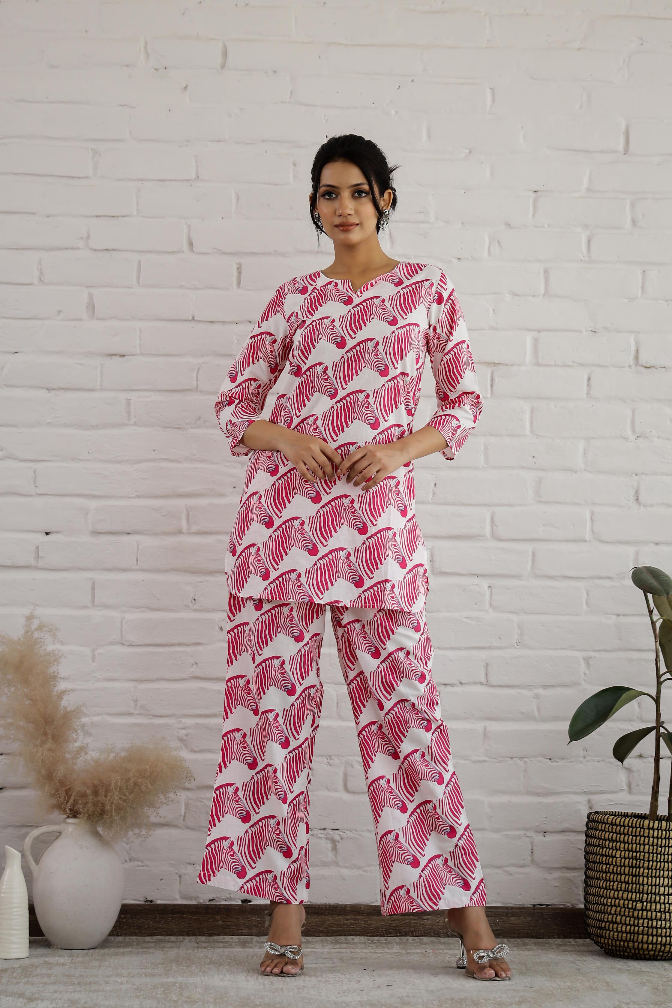 Stylish pink cotton matching set for women featuring a printed top and pants by Stylera