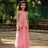 Cute girl wearing a pink festive skirt set with floral embroidery perfect for celebrations