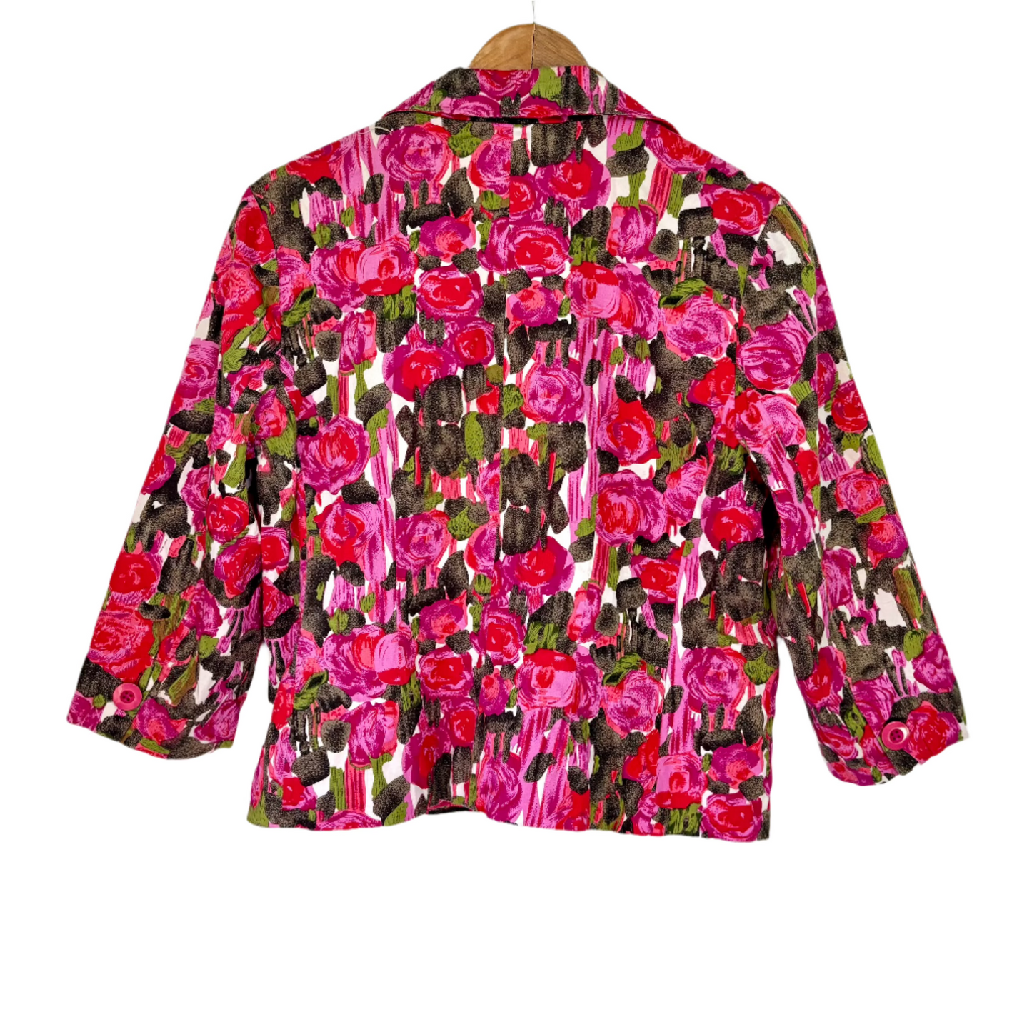 Stylera pink floral fashion blazer back view on wooden hanger with vibrant rose print