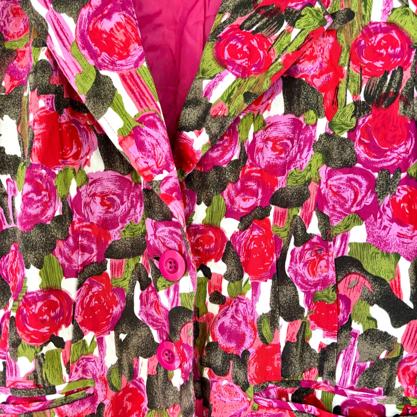 Stylera pink floral fashion blazer with vibrant rose print, notch lapel, and front buttons