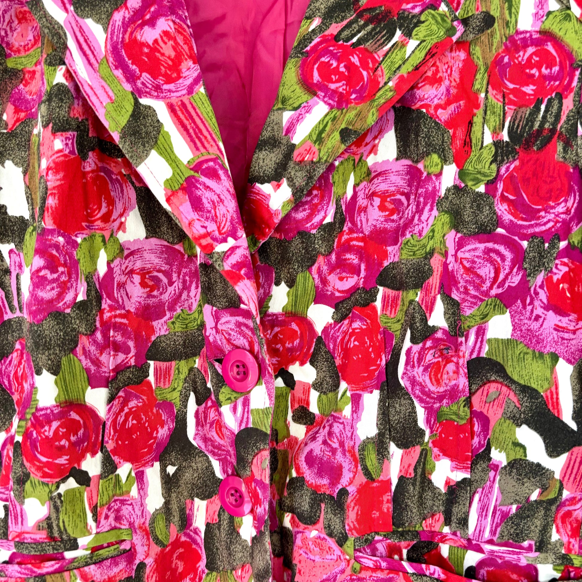 Stylera pink floral fashion blazer with vibrant rose print, notch lapel, and front buttons