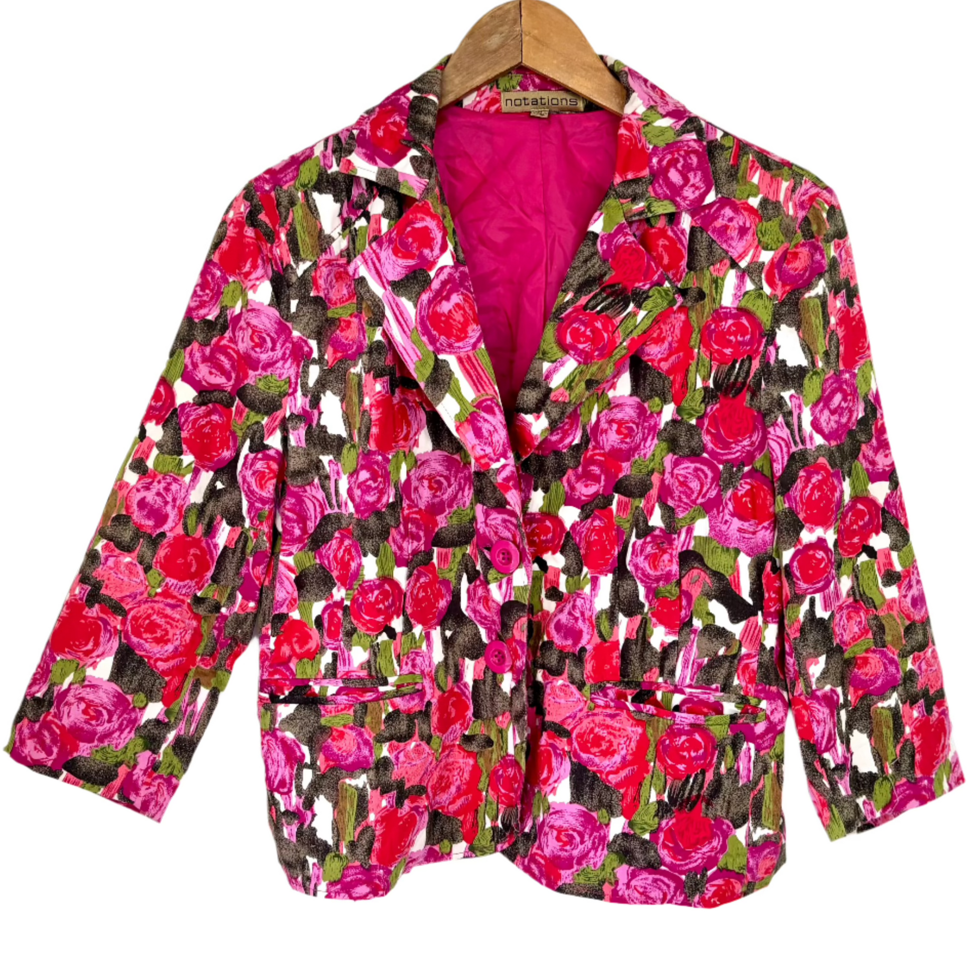 Stylera pink floral fashion blazer with bright rose print notch lapel fuchsia lining and front pockets