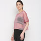 Pink netted top for women with short sleeves and a relaxed fit, perfect for casual wear