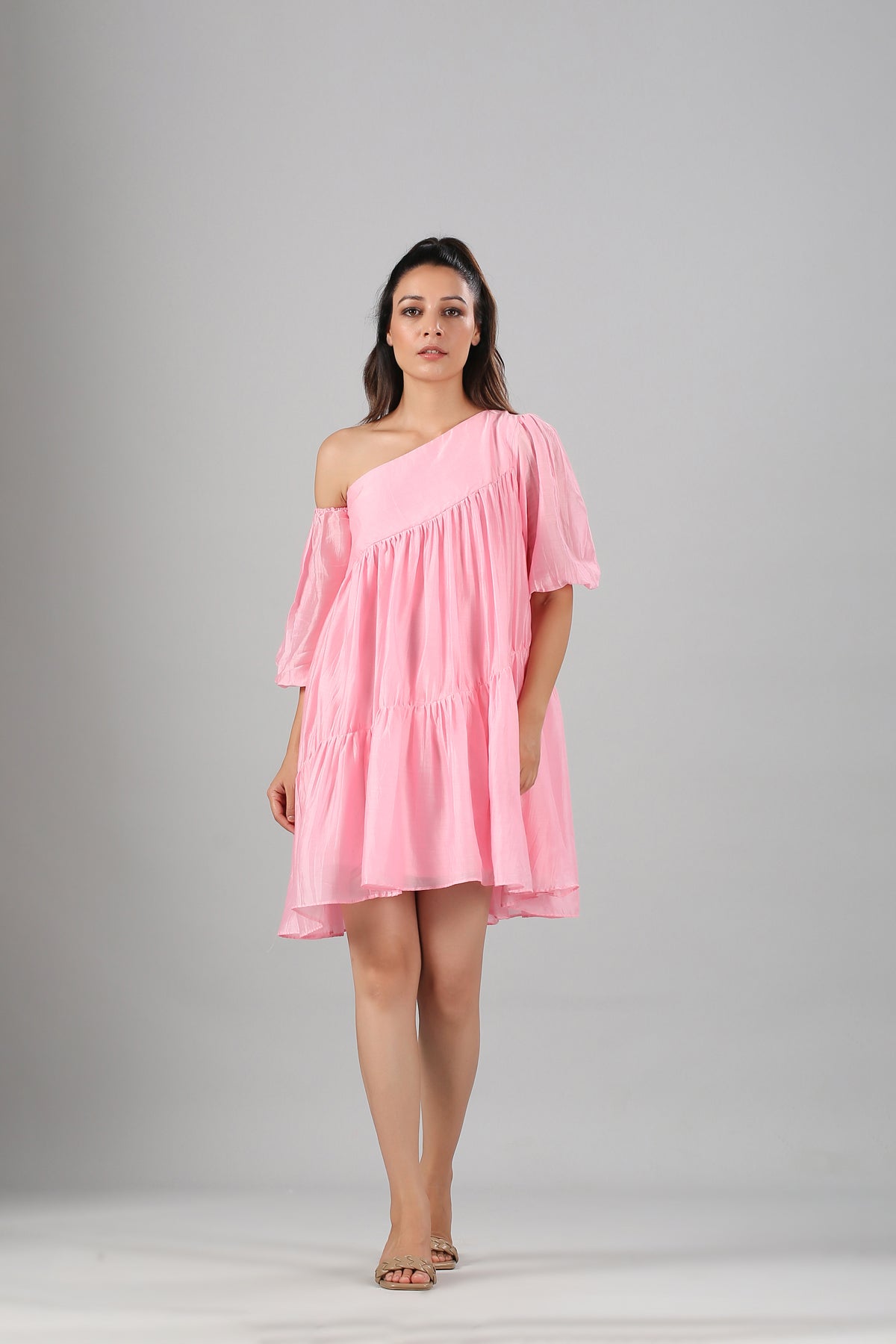 Stylera pink off shoulder dress tiered ruffle mini length relaxed fit summer sundress on model