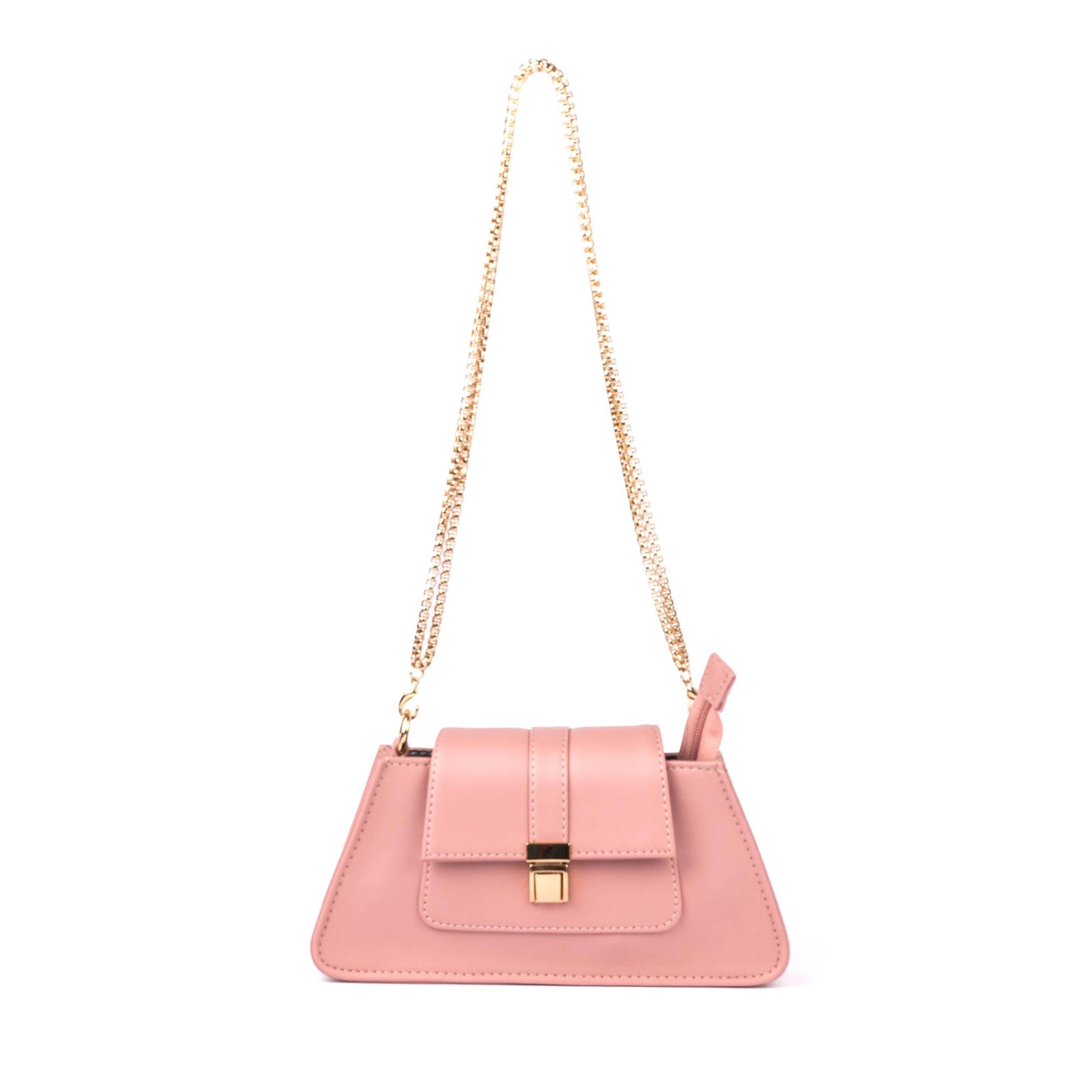 Stylish pink shoulder bag for women with a gold chain strap and modern design