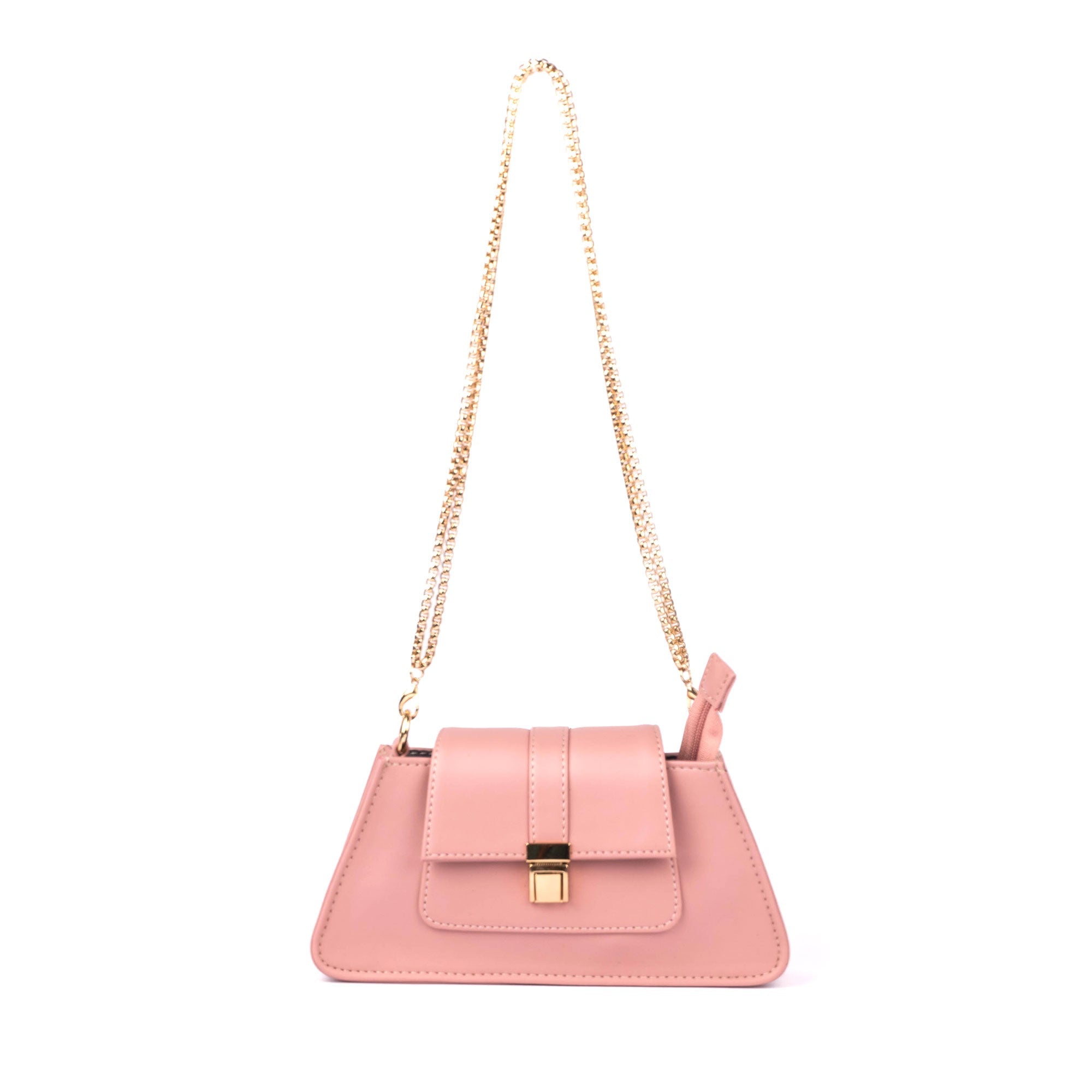 Stylish pink shoulder bag for women with a gold chain strap and modern design