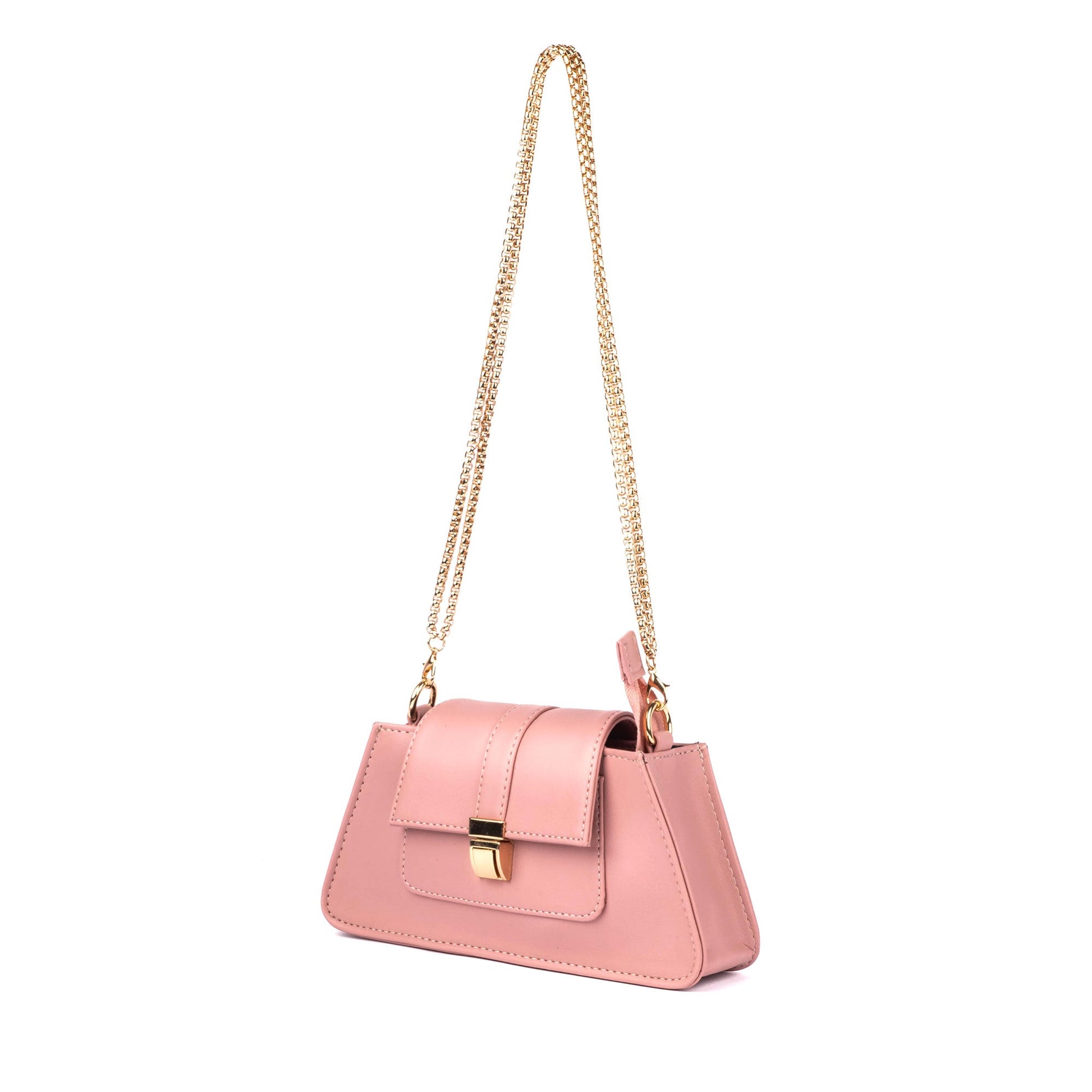 Mini Baguette Bag in pink with a chain strap, perfect as a stylish pink shoulder bag for women