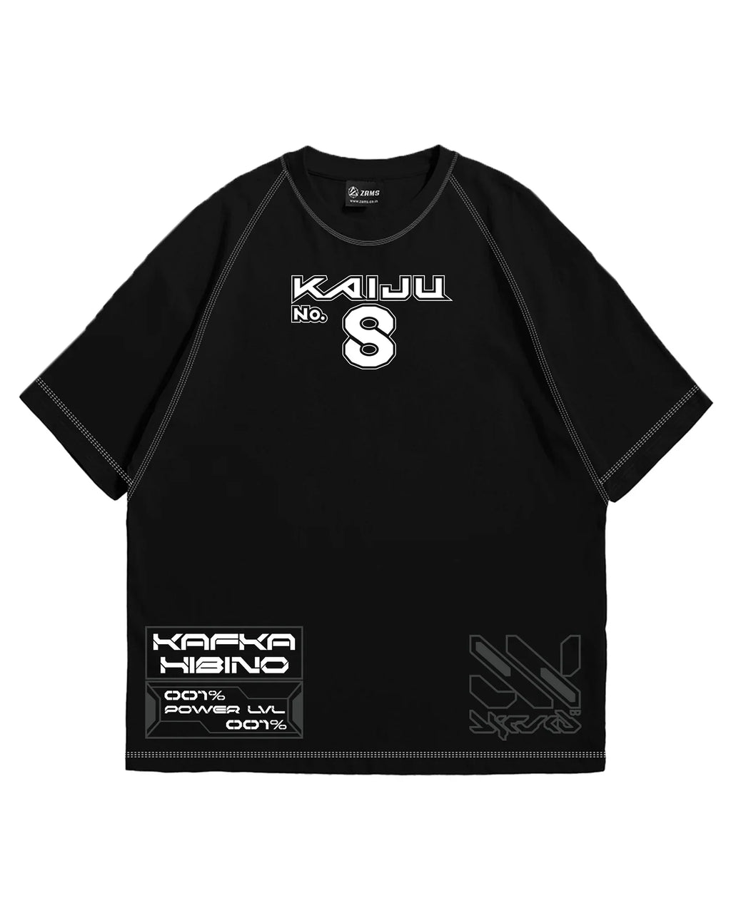 Black t-shirt with white text and graphics on a white background